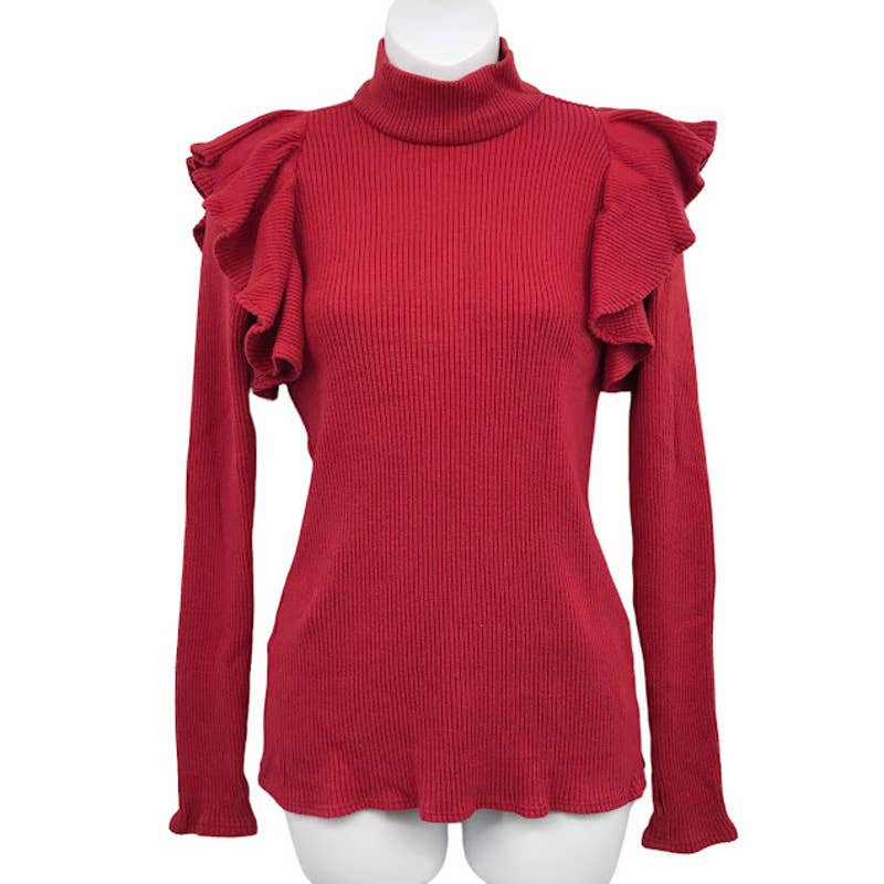 Amanda Uprichard Ottawa Top S Mock Turtleneck Sweater Ruffle Ribbed Pullover Red